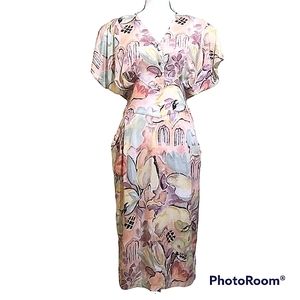VINTAGE ST. MICHAEL PASTEL PRINT DOLMAN SLEEVE DRESS LOVELY SCENIC FLORAL